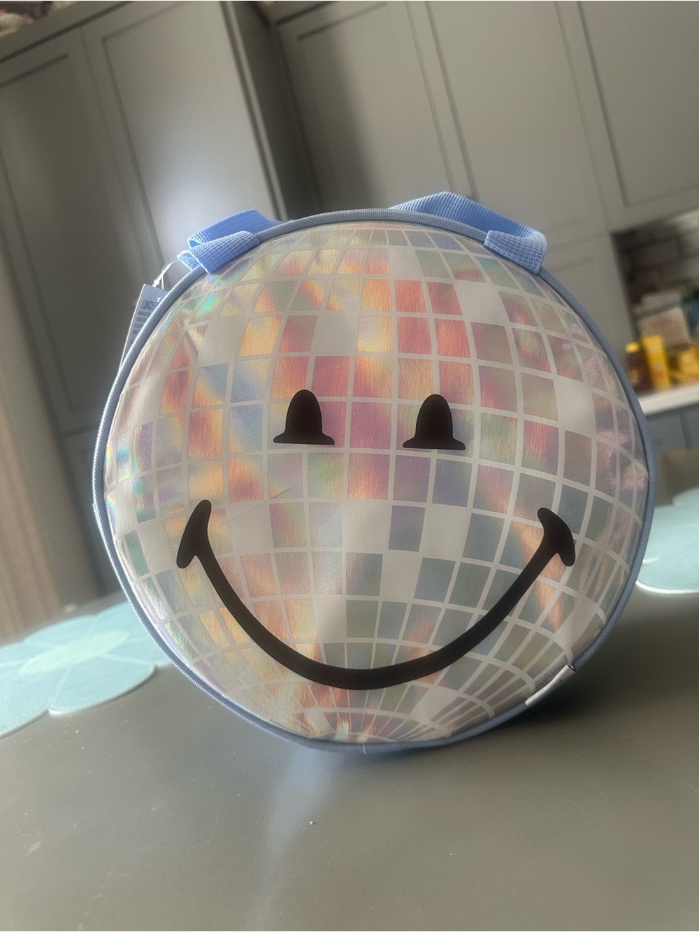 Yoobi Iridescent Silver Smiley Disco Ball Cooler Bag with Blue Trim
